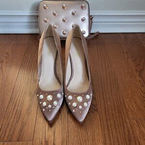 Nine West, Rose Gold/Dark Beige Satin Pumps with Pearls